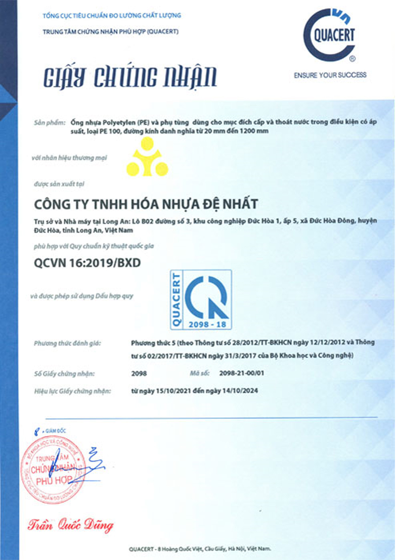 Chứng nhận ISO ống HDPE Đệ Nhất