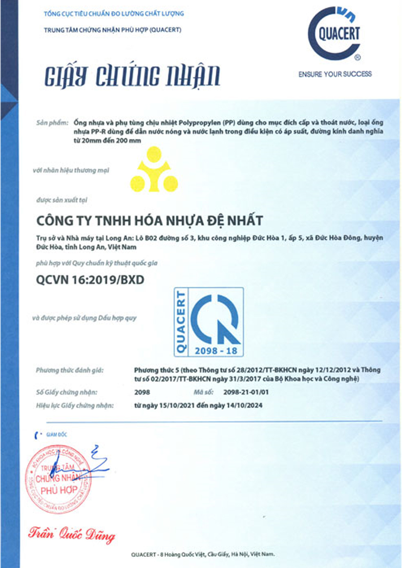 Chứng nhận ISO ống PPR Đệ Nhất
