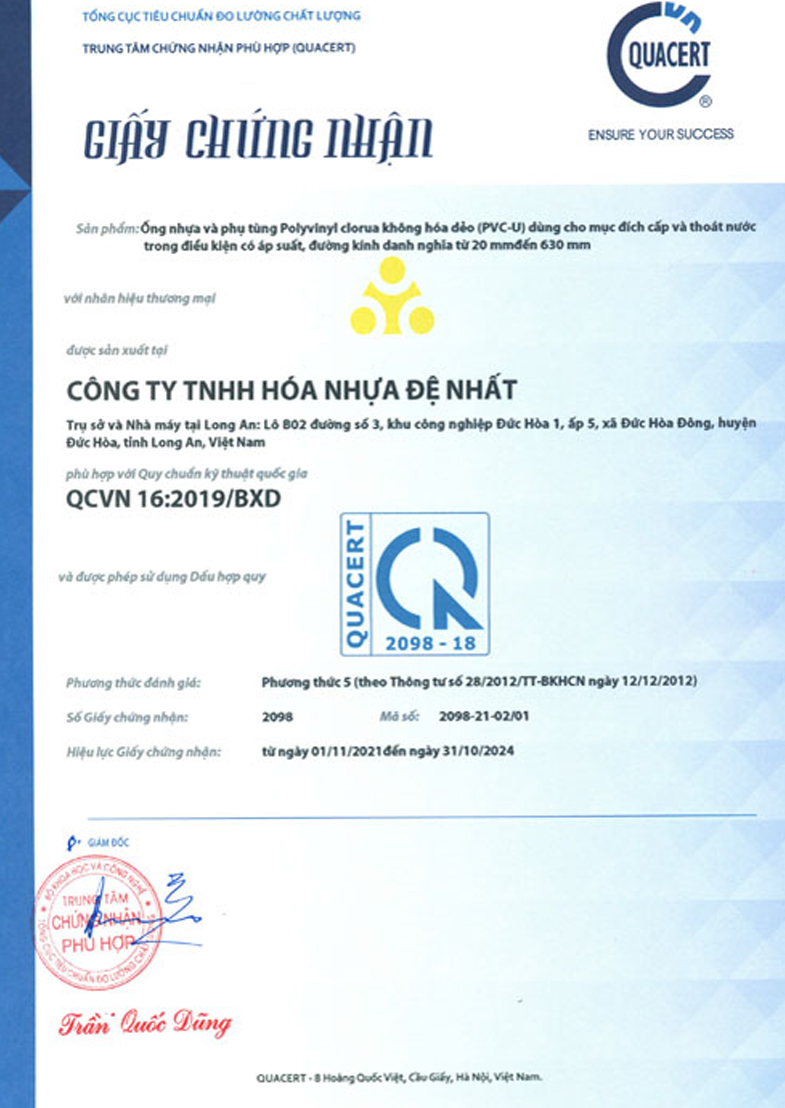 Chứng nhận ISO ống PVC Đệ Nhất